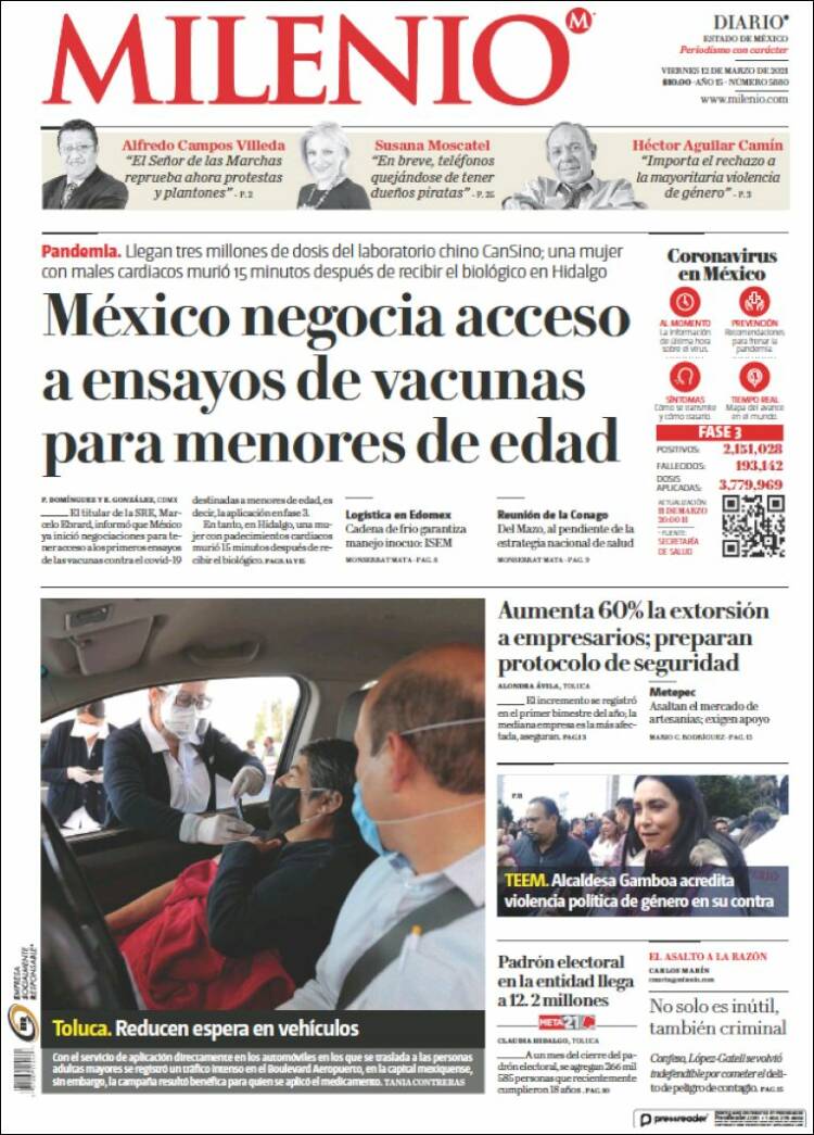 Portada de Milenio - Estado de México (México)