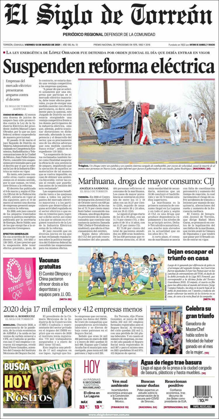 Portada de El Siglo de Torreon (M&eacute;xico)