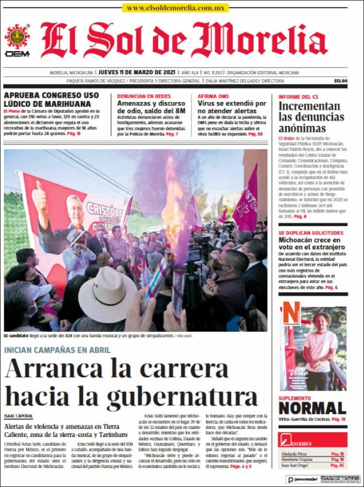 Portada de El Sol de Morelia (M&eacute;xico)