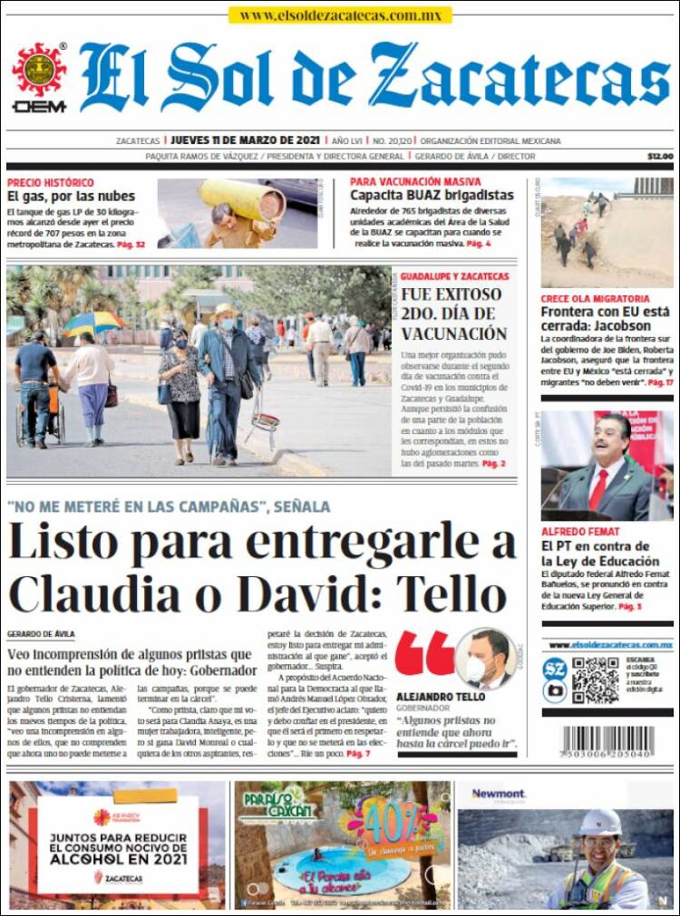 Portada de El Sol de Zacatecas (M&eacute;xico)