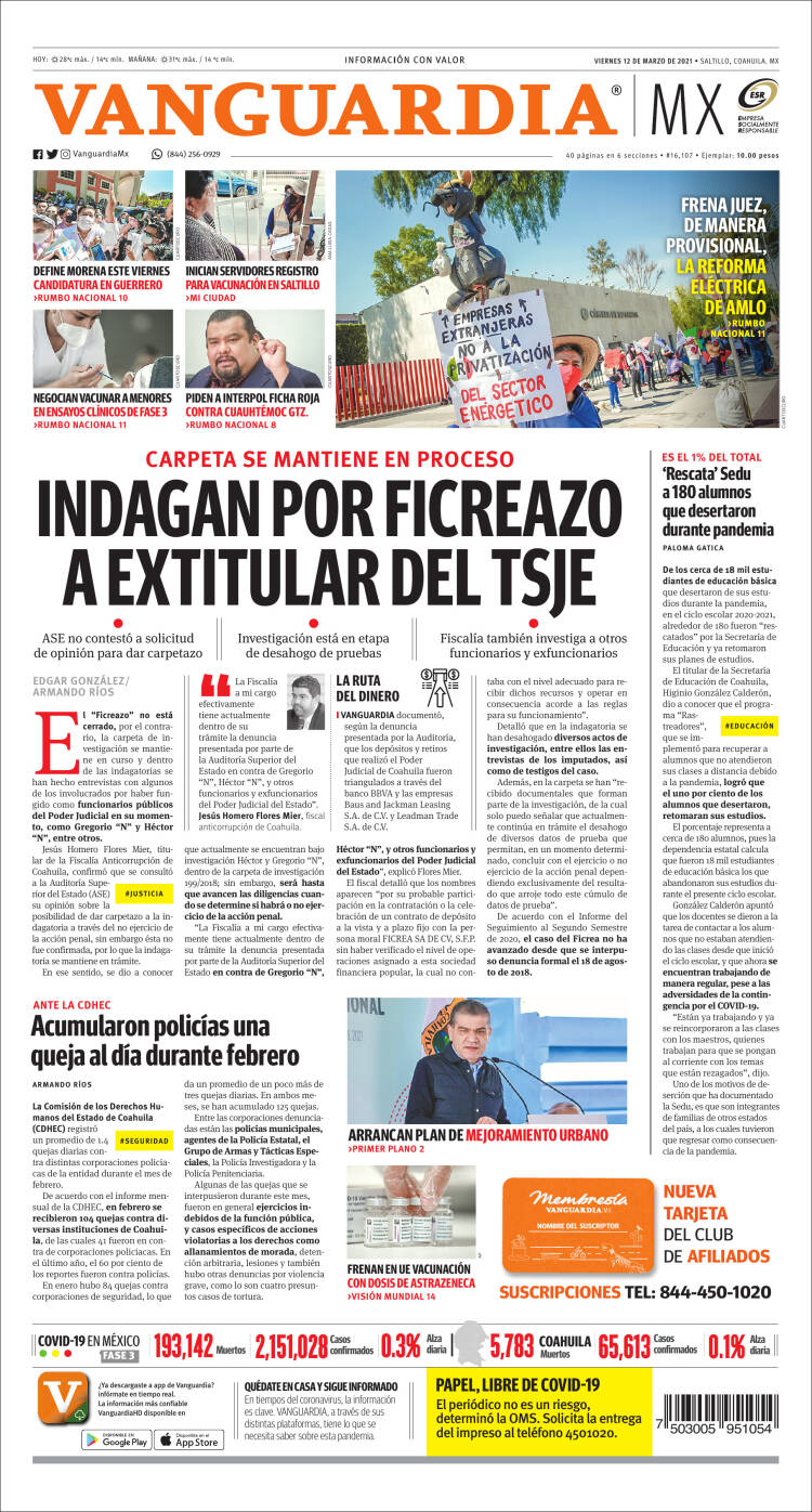 Portada de Vanguardia (M&eacute;xico)