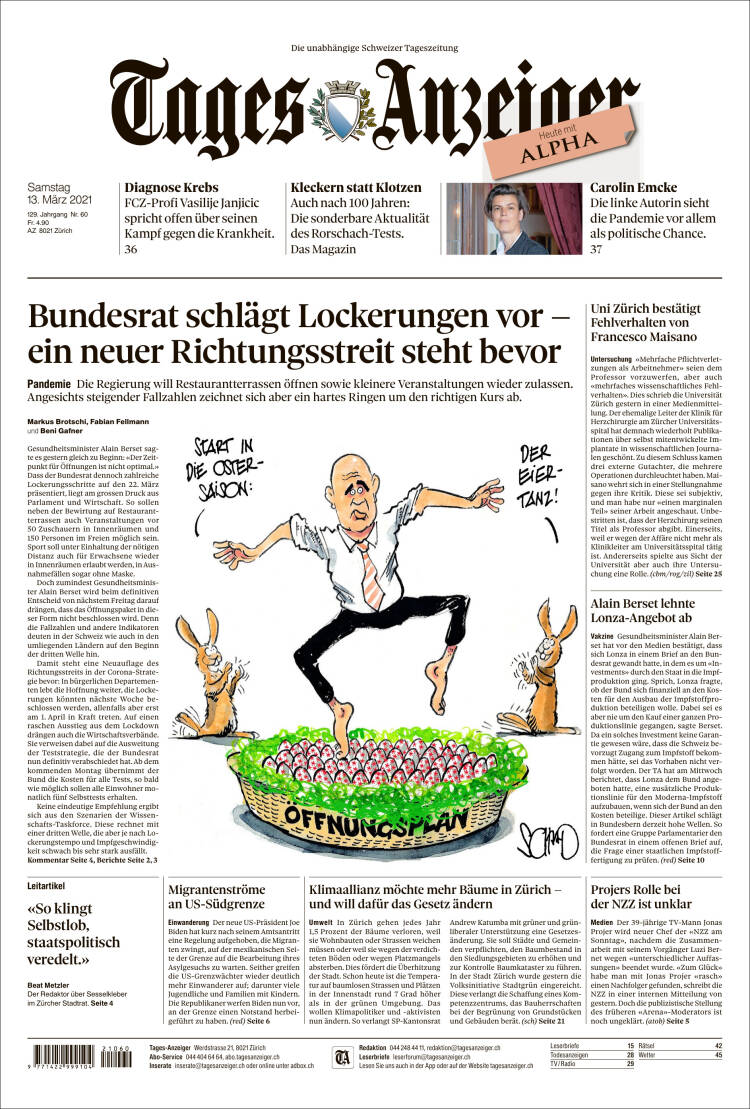 Portada de Tages-Anzeiger (Suiza)