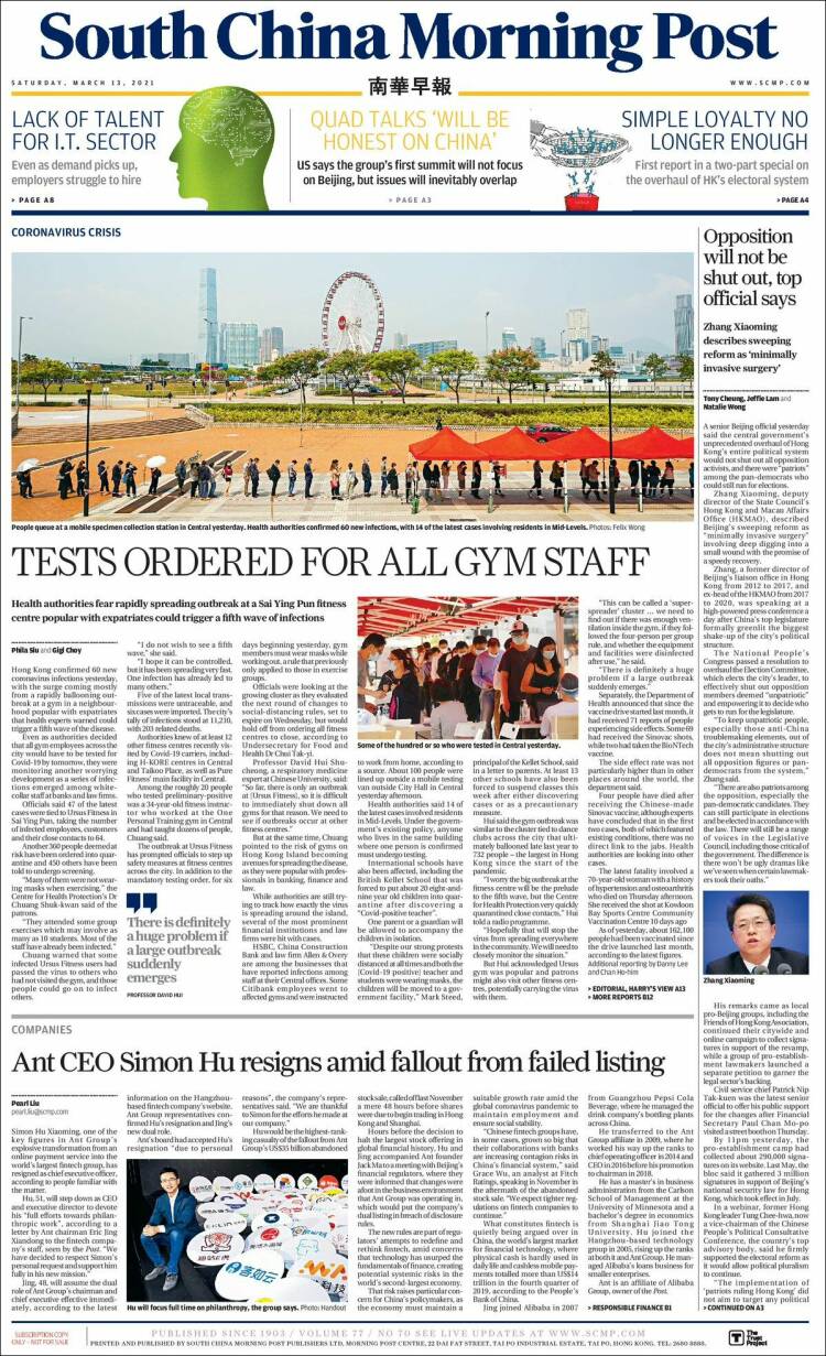 Portada de South China Morning Post (China)