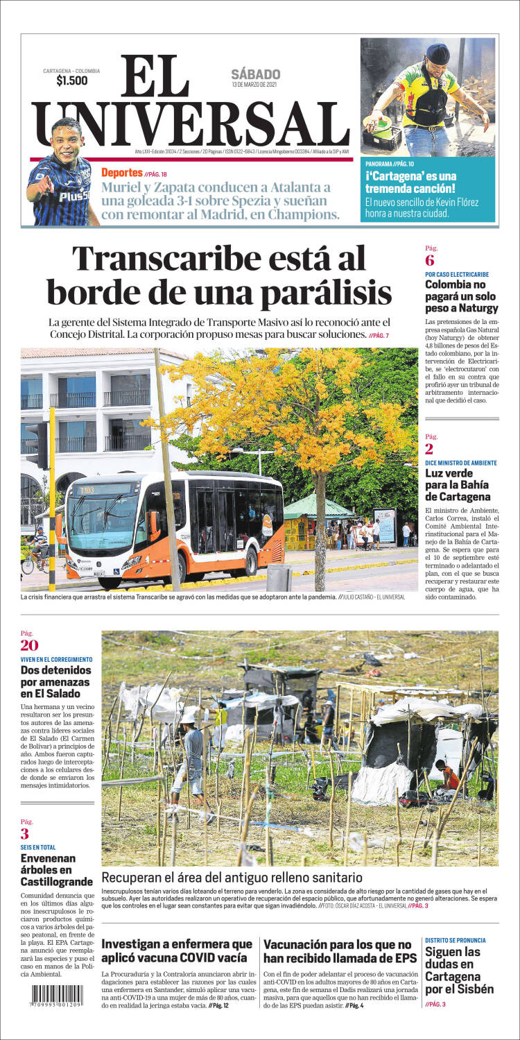 Portada de El Universal (Colombia)
