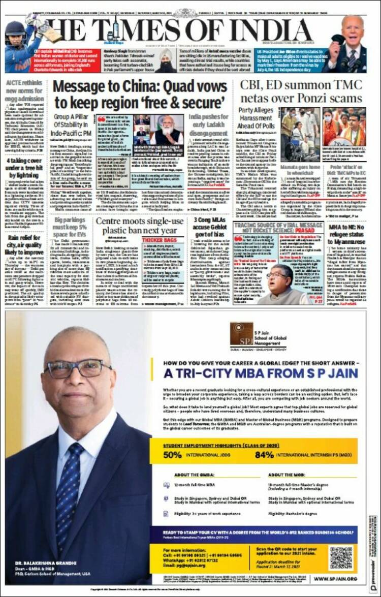 Portada de The Times of India (India)