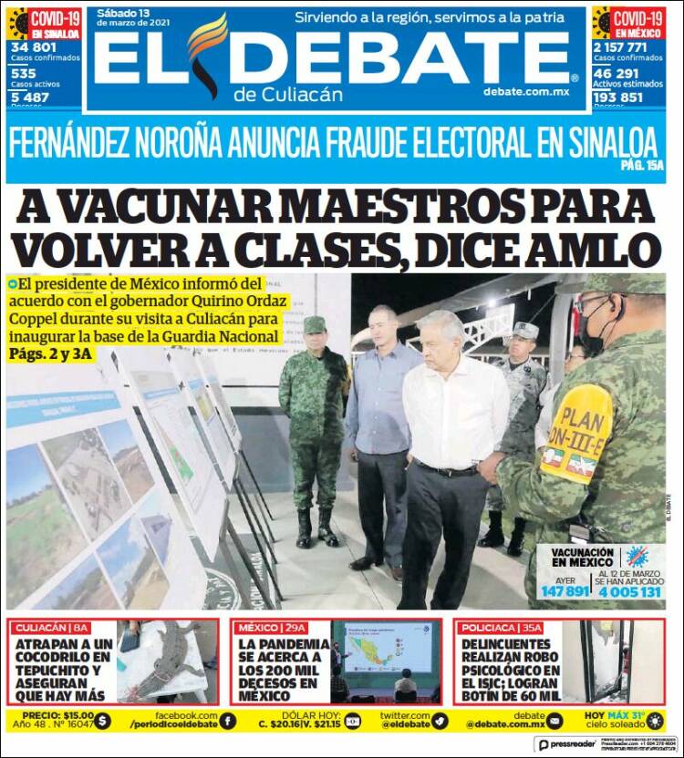 Portada de El Debate de Culiacán (México)