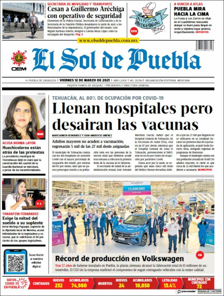 Portada de El Sol de Puebla (México)