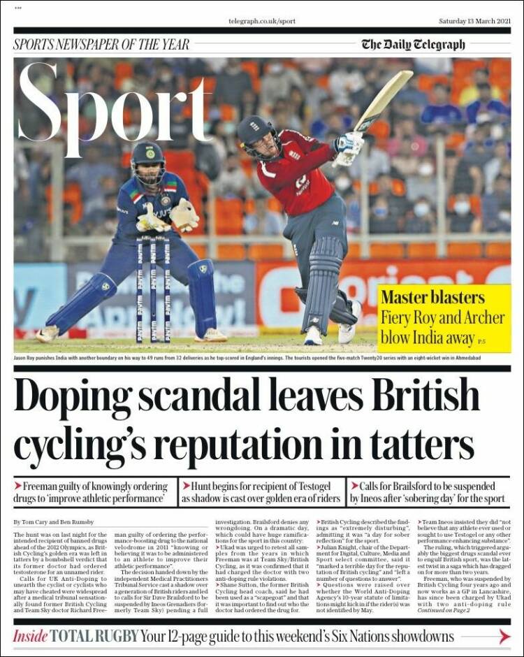 Portada de Telegraph Sport (Reino Unido)