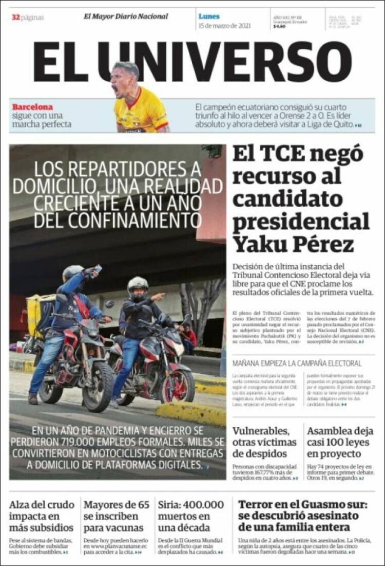 Portada de El Universo - Ecuador (Ecuador)