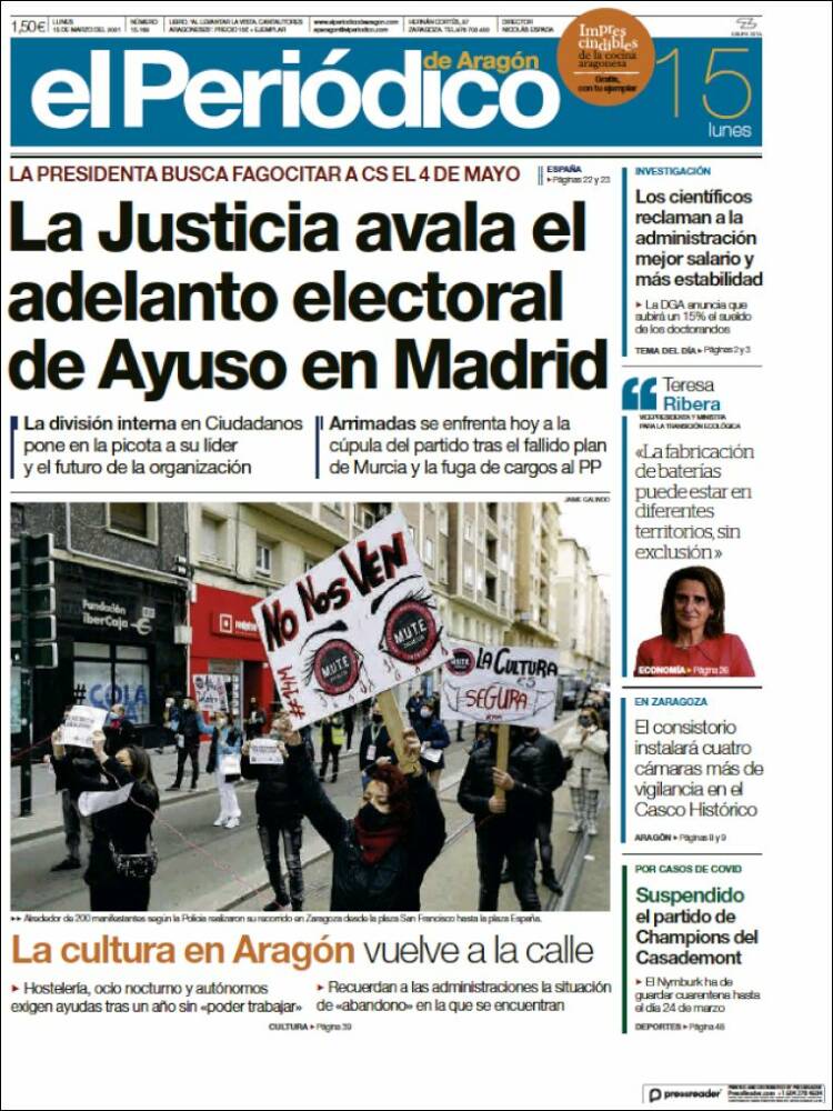 Portada de El Periódico de Aragón (España)