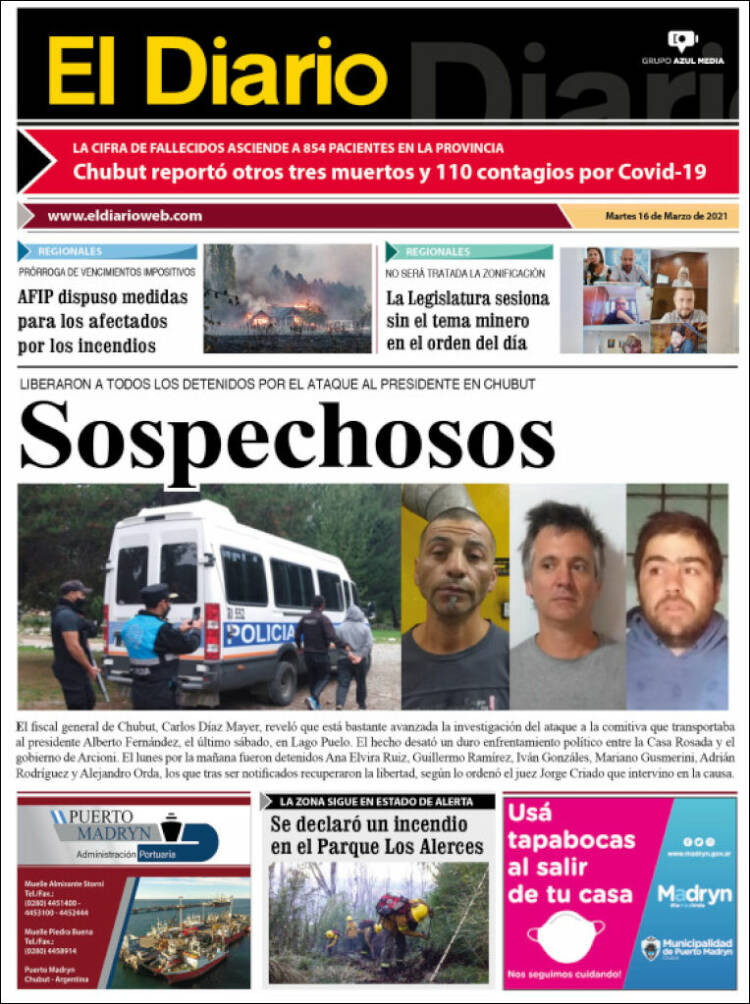 Portada de El Diario de Madryn (Argentina)