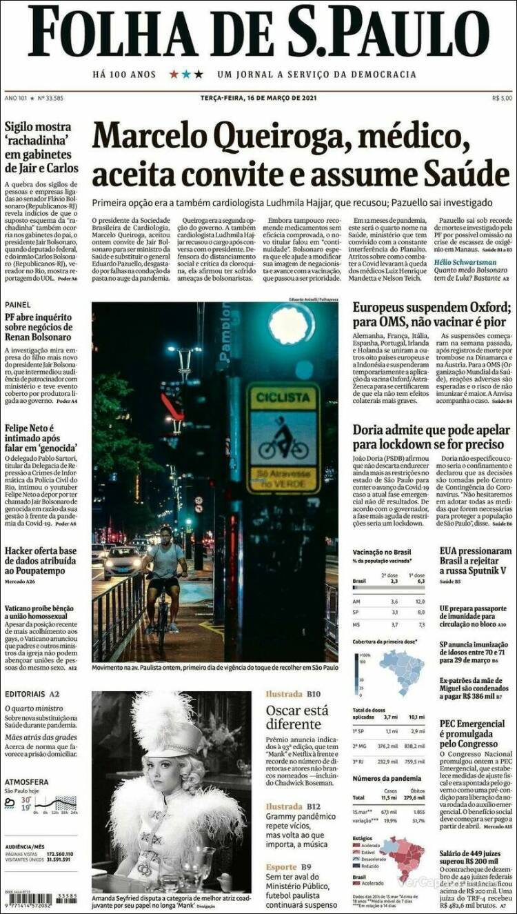 Portada de Folha de São Paulo (Brasil)