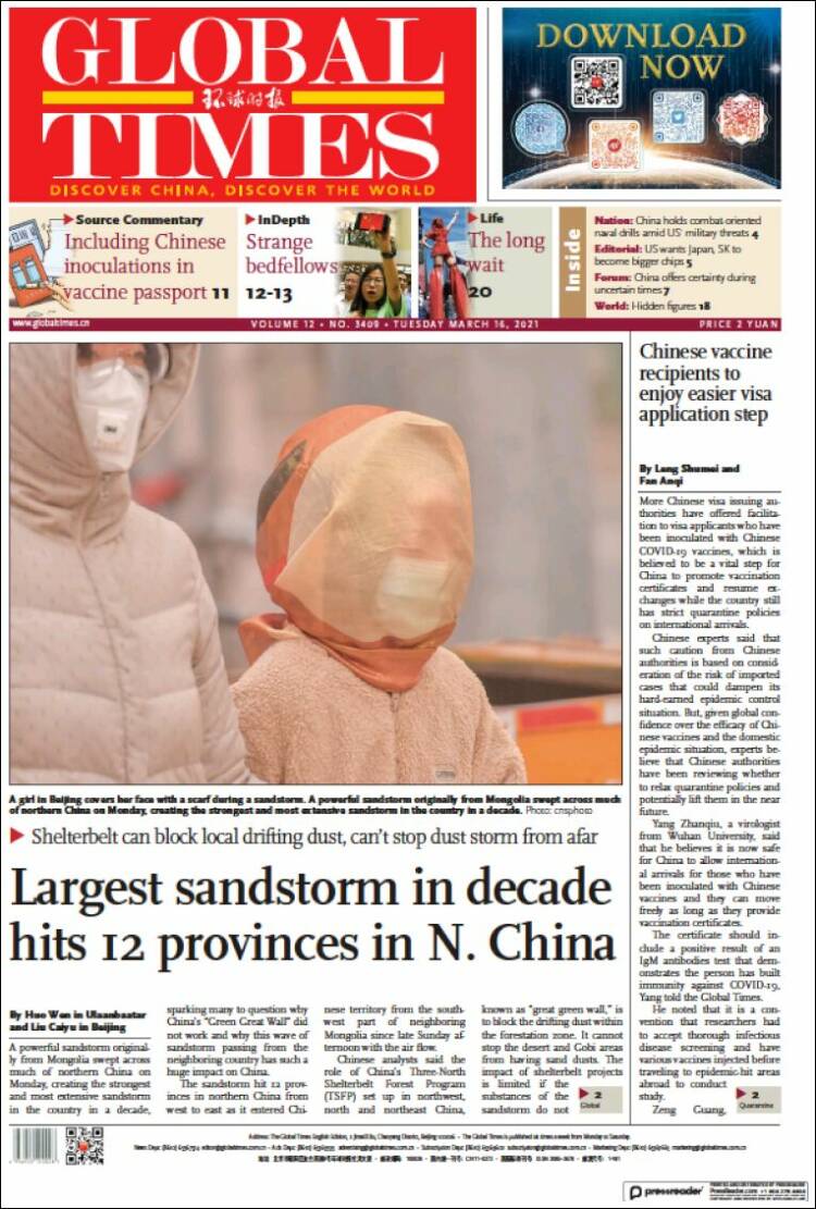 Portada de The Global Times (China)