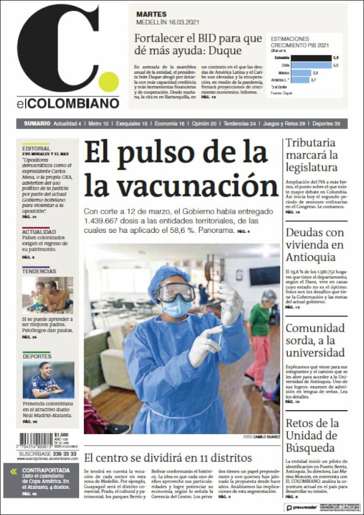 Portada de El Colombiano (Colombia)