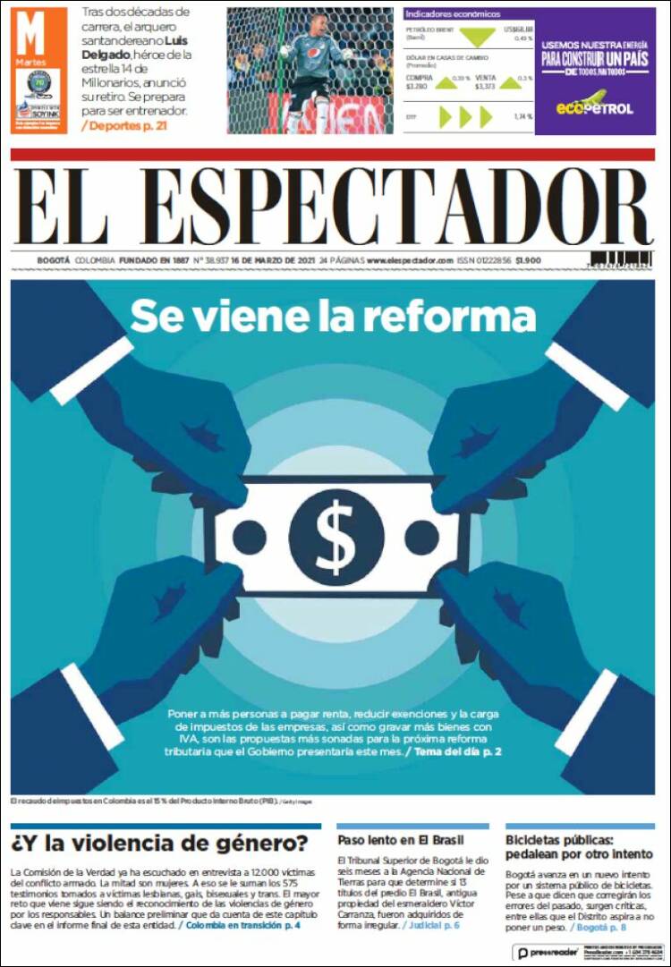 Portada de El Espectador (Colombia)