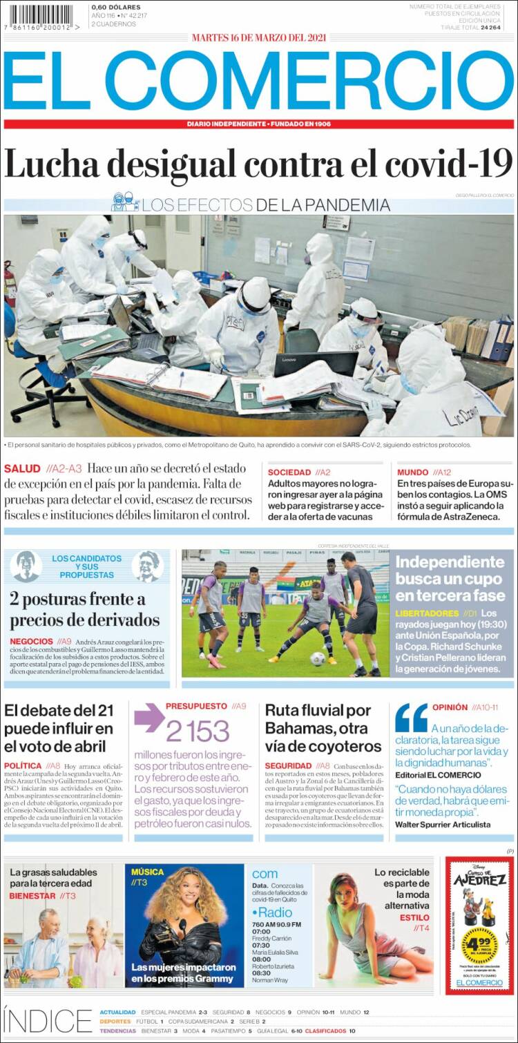 Portada de El Comercio (Ecuador)