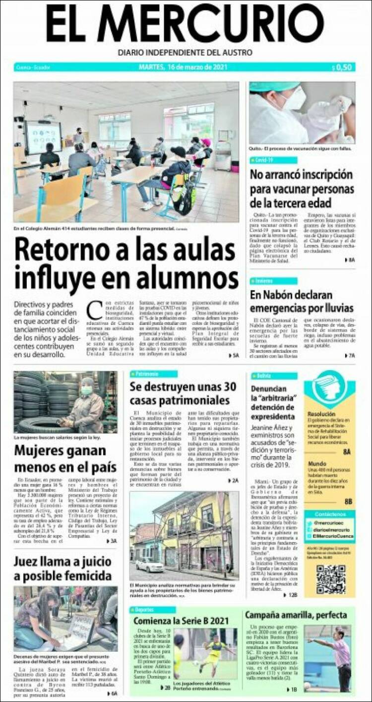 Portada de Diario El Mercurio (Ecuador)