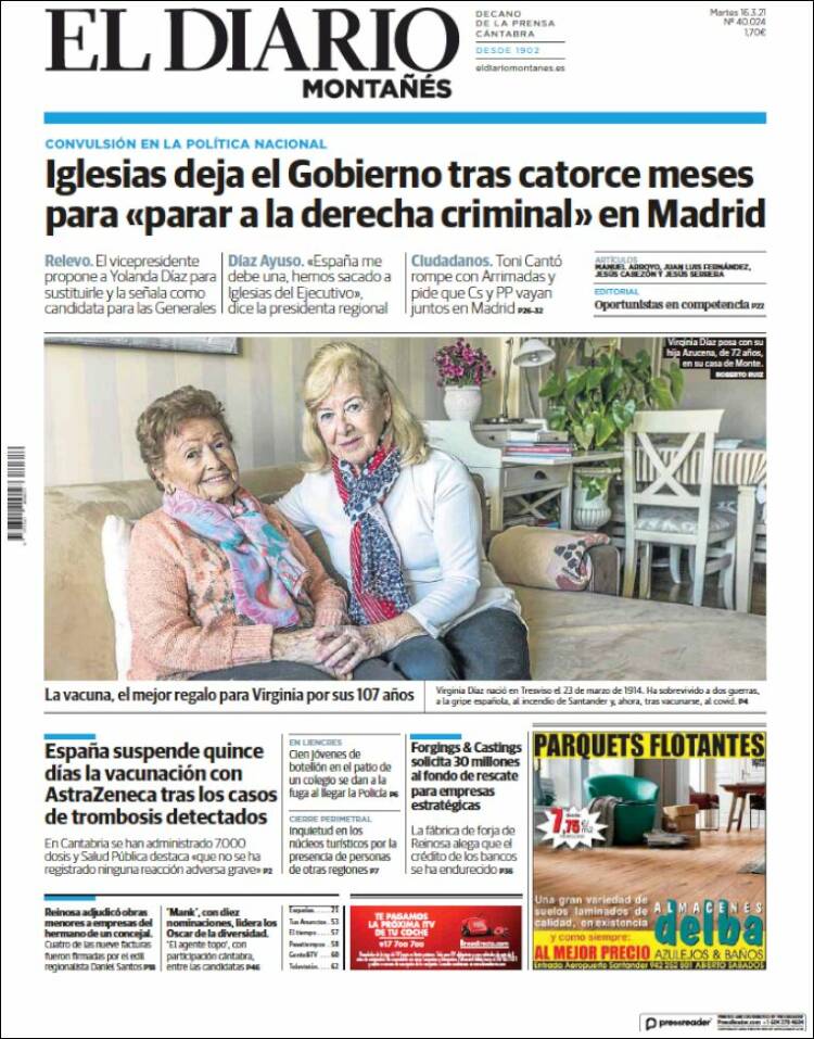 Portada de El Diario Montañés (España)