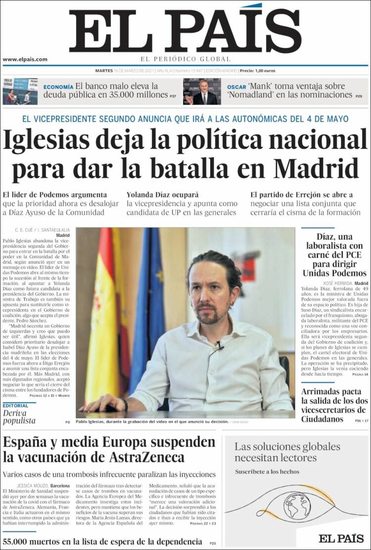 Portada de El País (España)