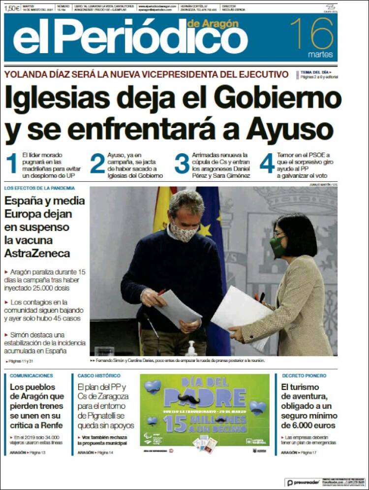 Portada de El Periódico de Aragón (España)