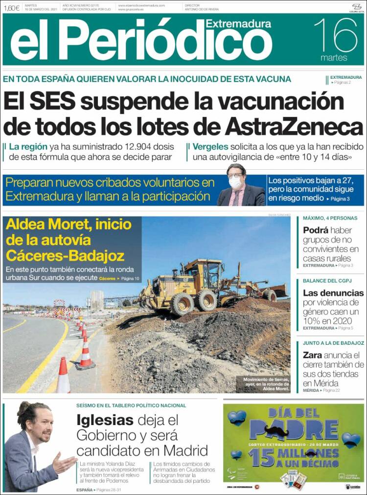 Portada de El Periódico de Extremadura (España)