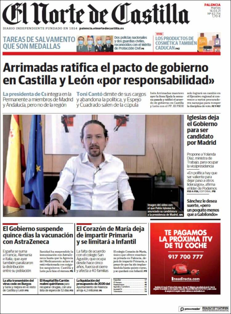 Portada de Norte de Castilla - Palencia (España)