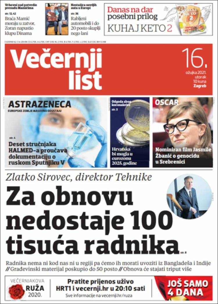 Portada de Večernji (Croacia)