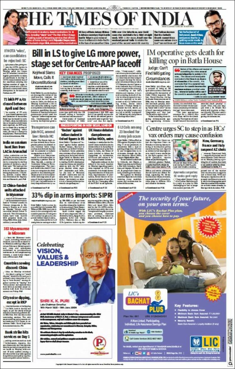 Portada de The Times of India (India)
