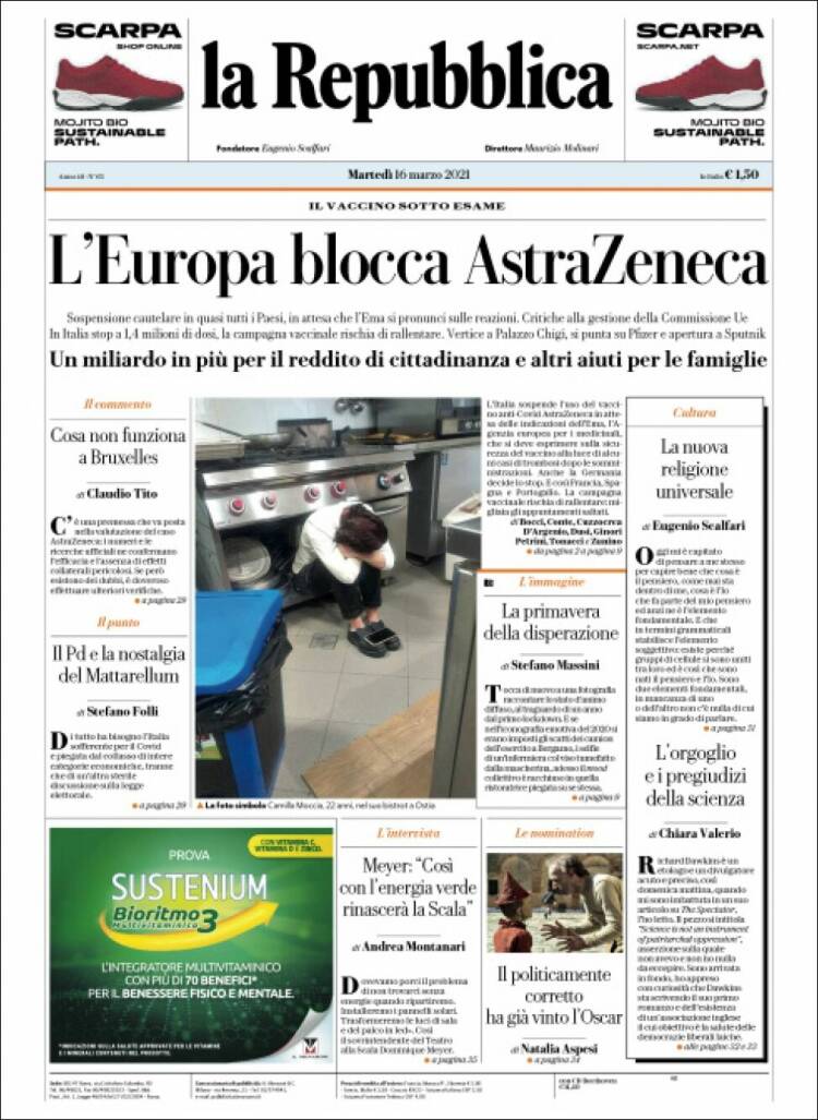 Portada de La Repubblica (Italia)