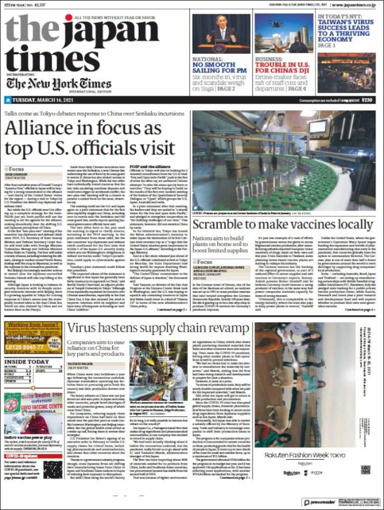 Portada de The Japan Times (Jap&oacute;n)