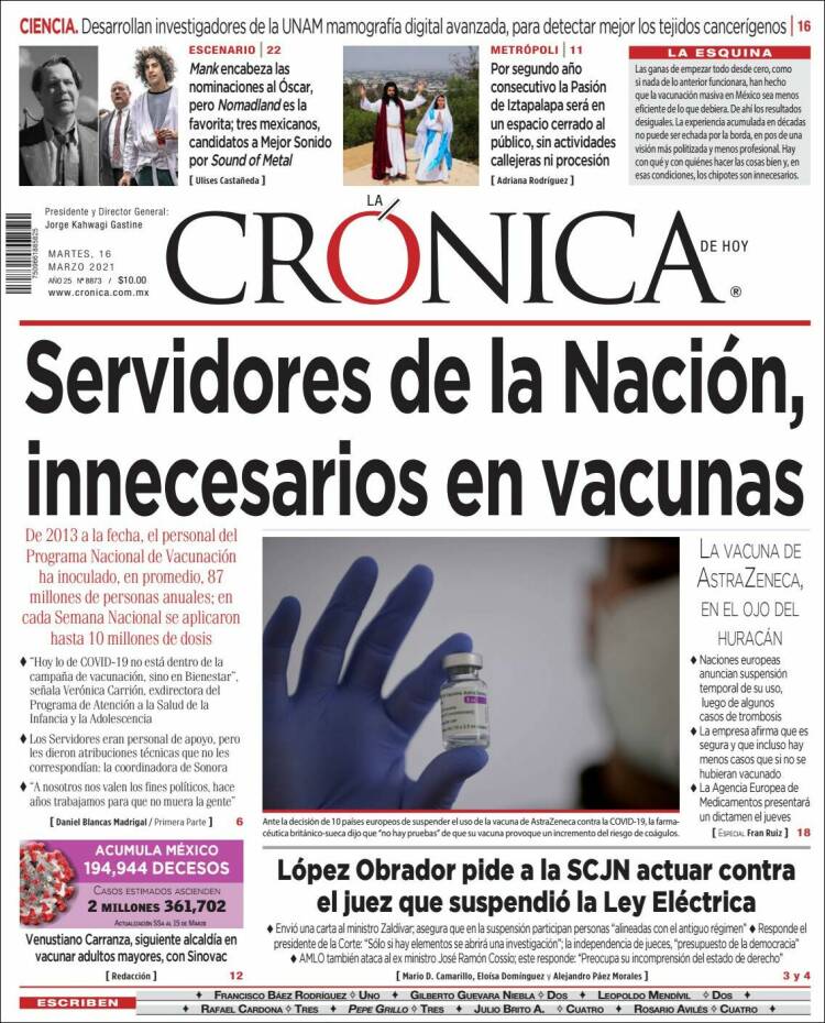 Portada de La Crónica de Hoy (M&eacute;xico)