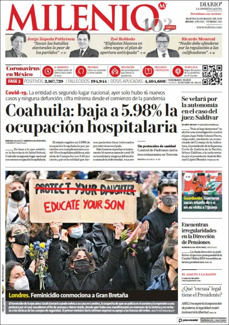 Portada de Milenio - Laguna (M&eacute;xico)