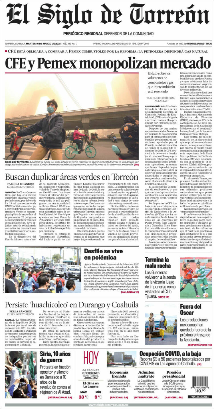 Portada de El Siglo de Torreon (M&eacute;xico)