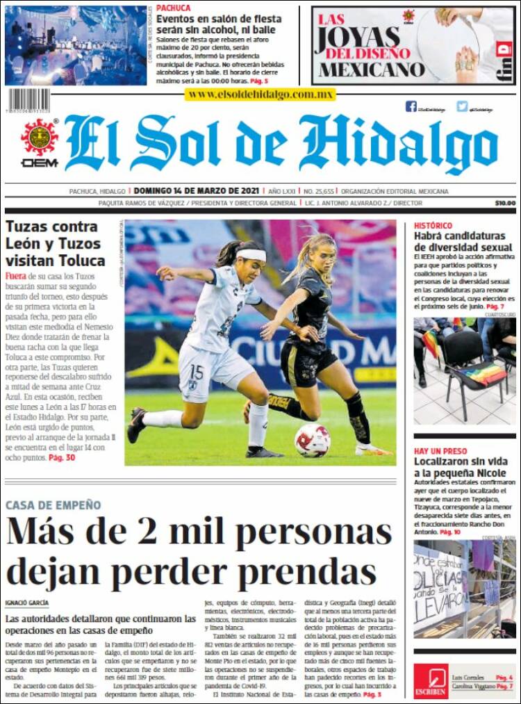 Portada de El Sol de Hidalgo (M&eacute;xico)