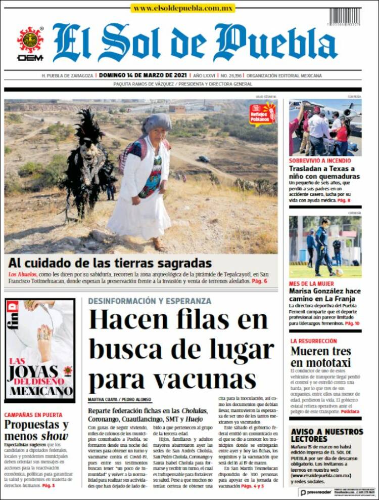 Portada de El Sol de Puebla (M&eacute;xico)
