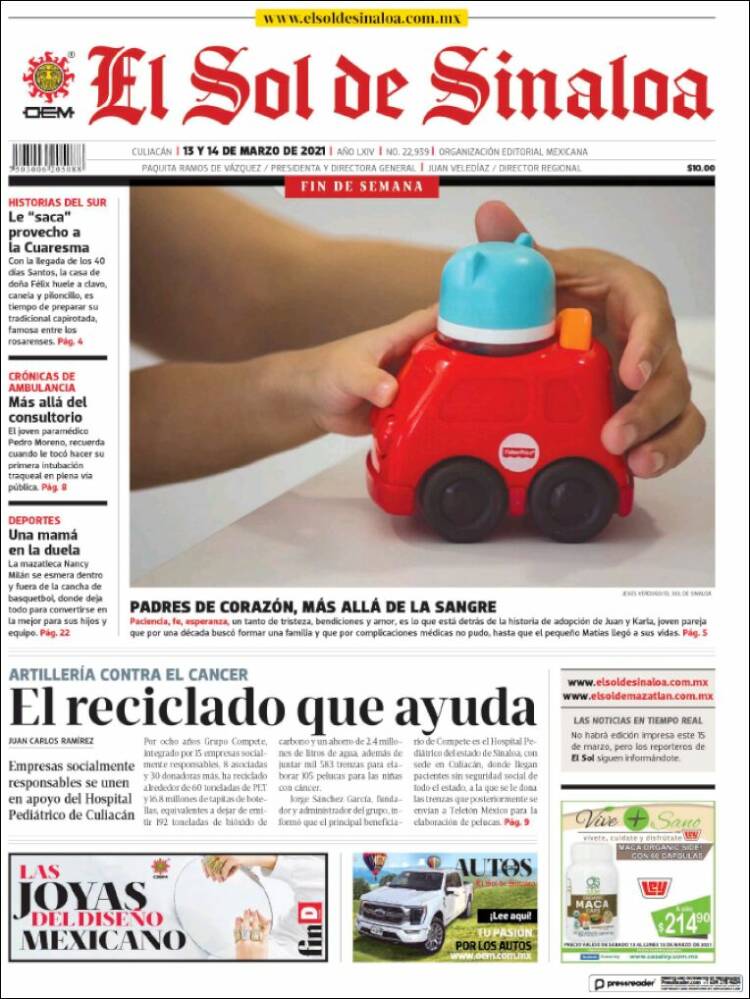 Portada de El Sol de Sinaloa (M&eacute;xico)
