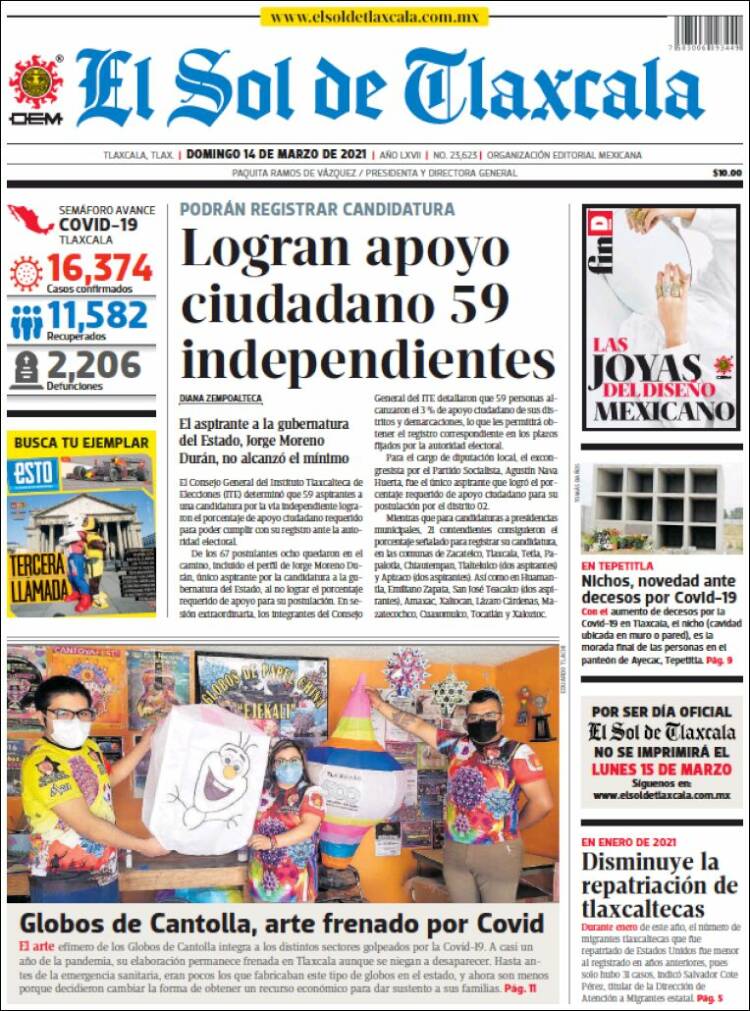 Portada de El Sol de Tlaxcala (M&eacute;xico)