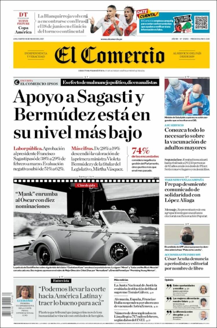 Portada de El Comercio (Per&uacute;)