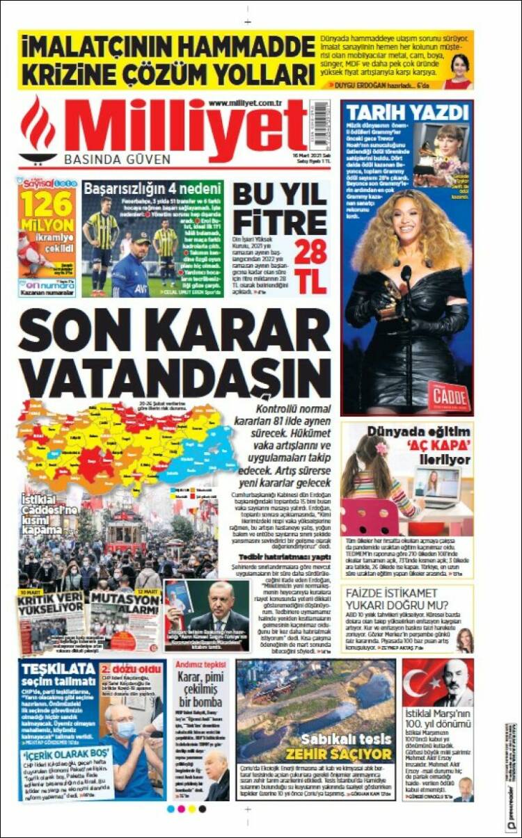 Portada de Milliyet (Turqu&iacute;a)