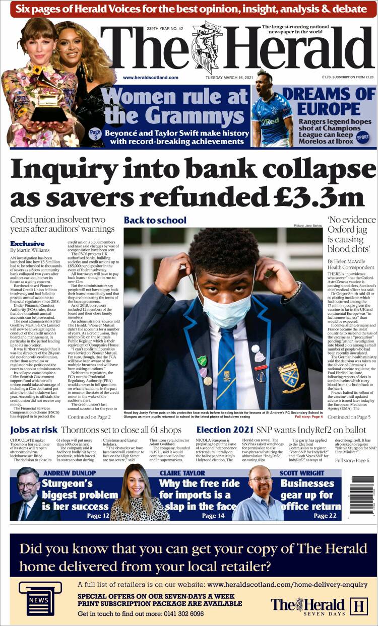 Portada de The Herald (Reino Unido)