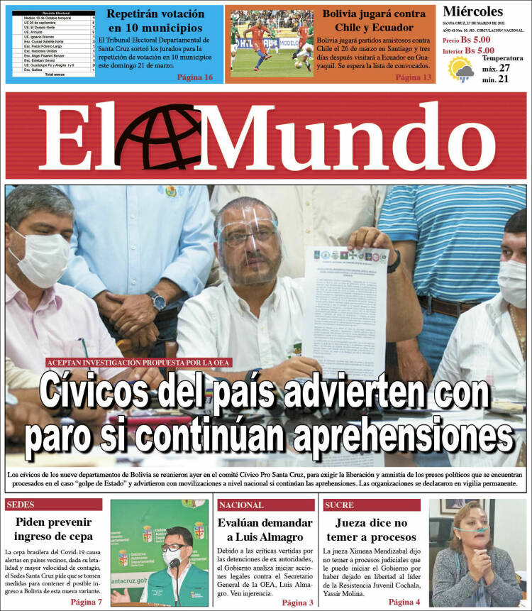 Portada de El Mundo (Bolivia)