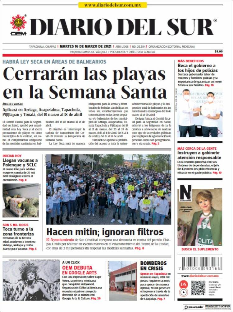 Portada de El Diario del Sur (México)