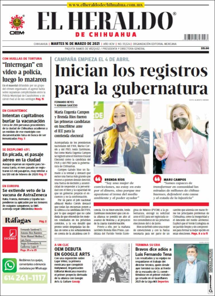 Portada de El Heraldo de Chihuahua (Mexique)