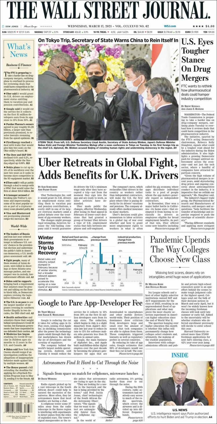 Portada de Wall Street Journal (États-Unis)