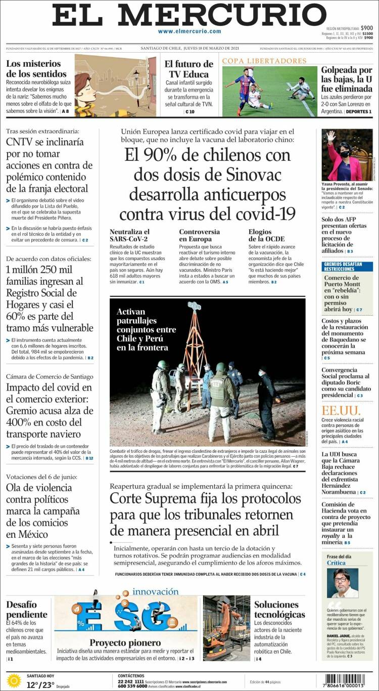 Portada de El Mercurio (Chile)