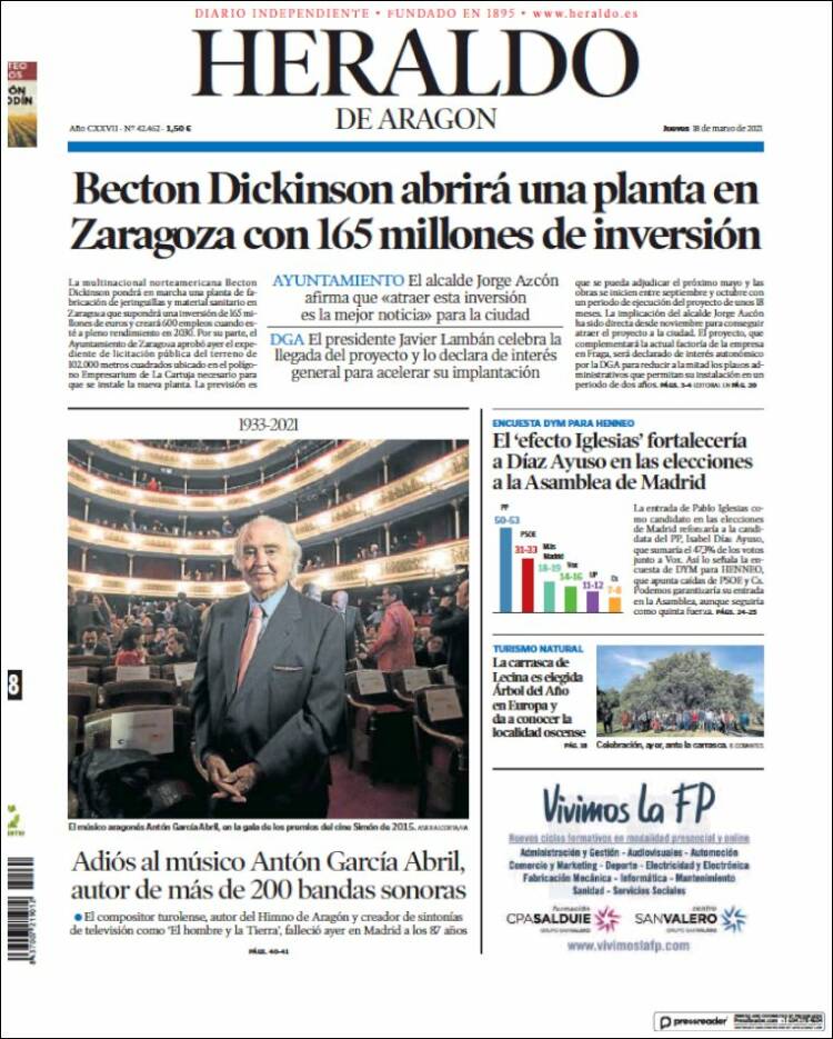 Portada de Heraldo de Aragón (Espa&ntilde;a)