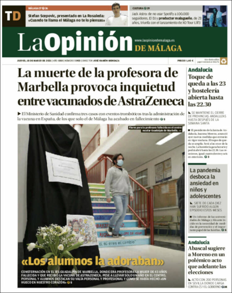 Portada de La Opinión de Málaga (Espa&ntilde;a)