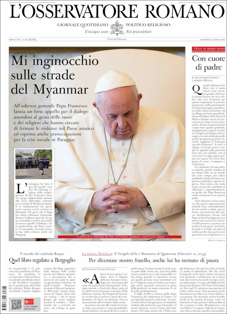 Portada de L'Osservatore Romano (Italia)
