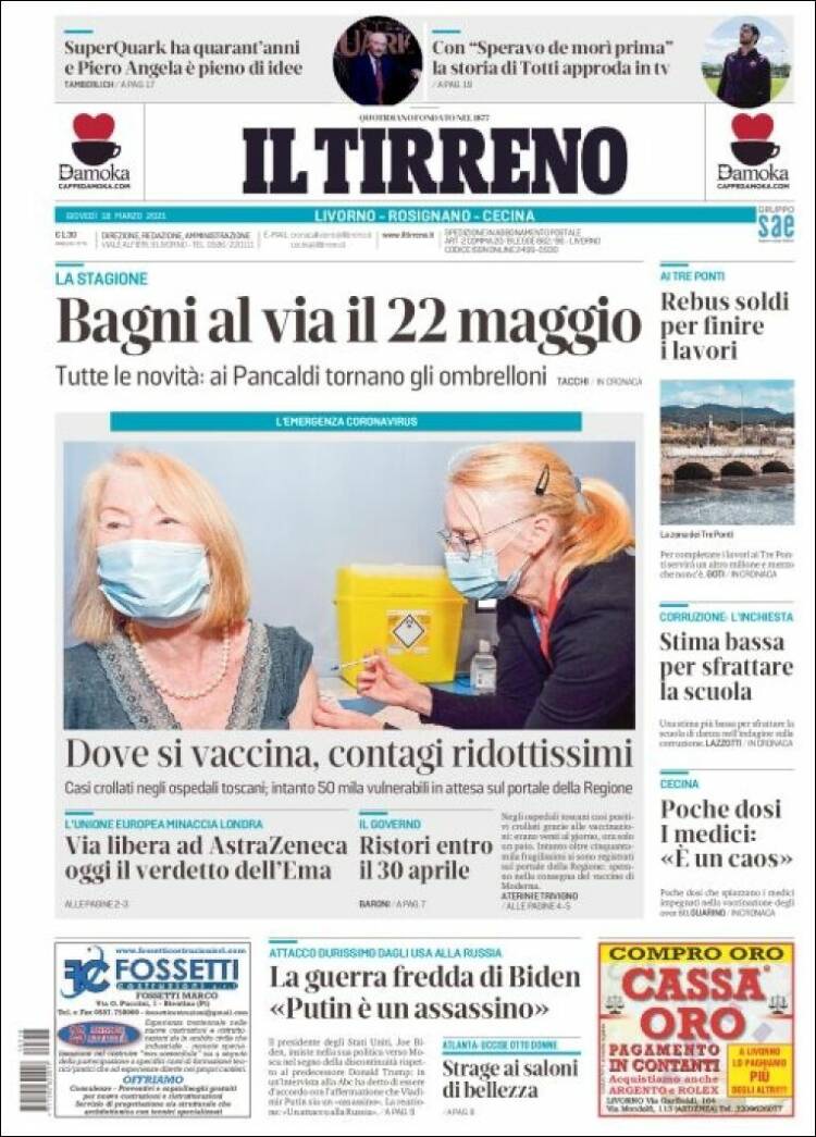 Portada de Il Tirreno (Italia)