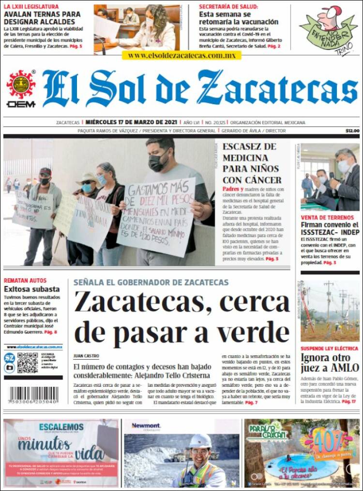 Portada de El Sol de Zacatecas (M&eacute;xico)